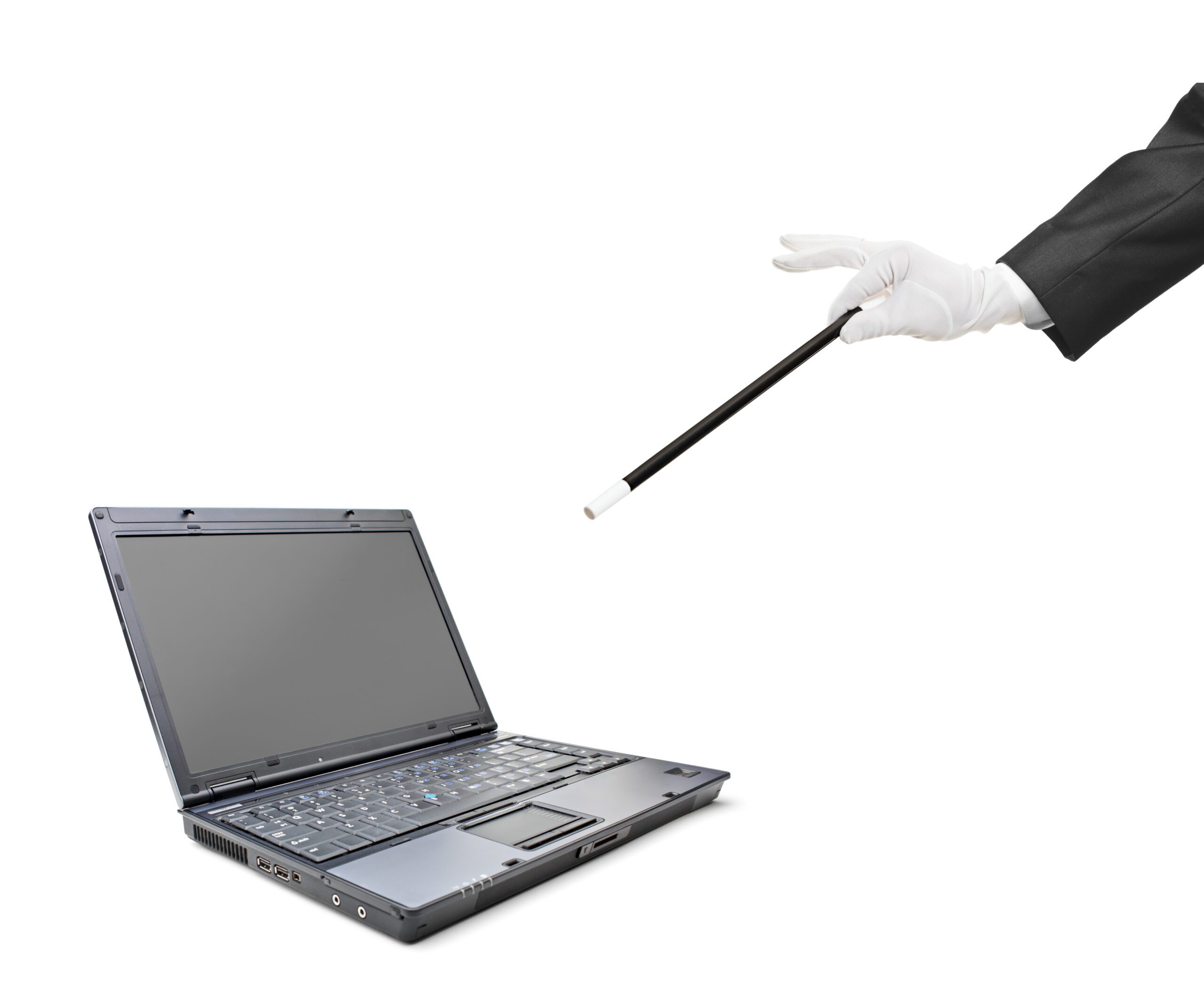 waving a wand at a laptop
