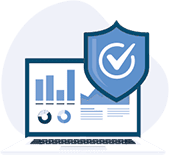 icon of PC screen with reports and shield symbolizing network management